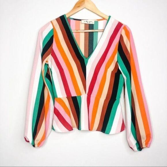 2/$30 Molly Green Bright Rainbow Stripe Balloon Sleeve Retro Top Blouse Small - Picture 4 of 9